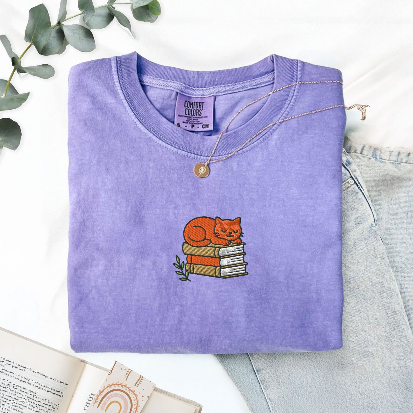 Cat Book Stack Embroidered T-Shirt