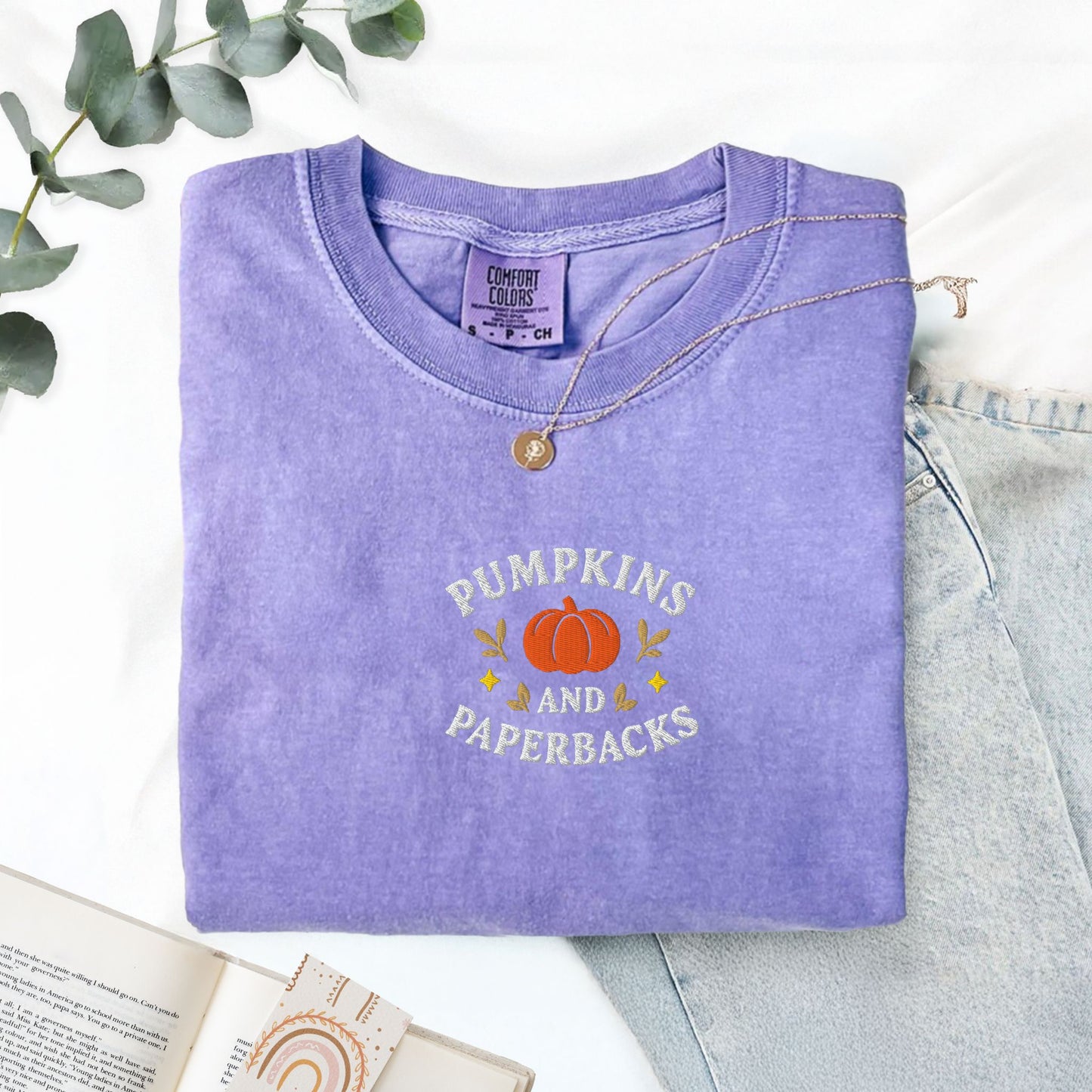 Pumpkins and Paperbacks Embroidered T-Shirt