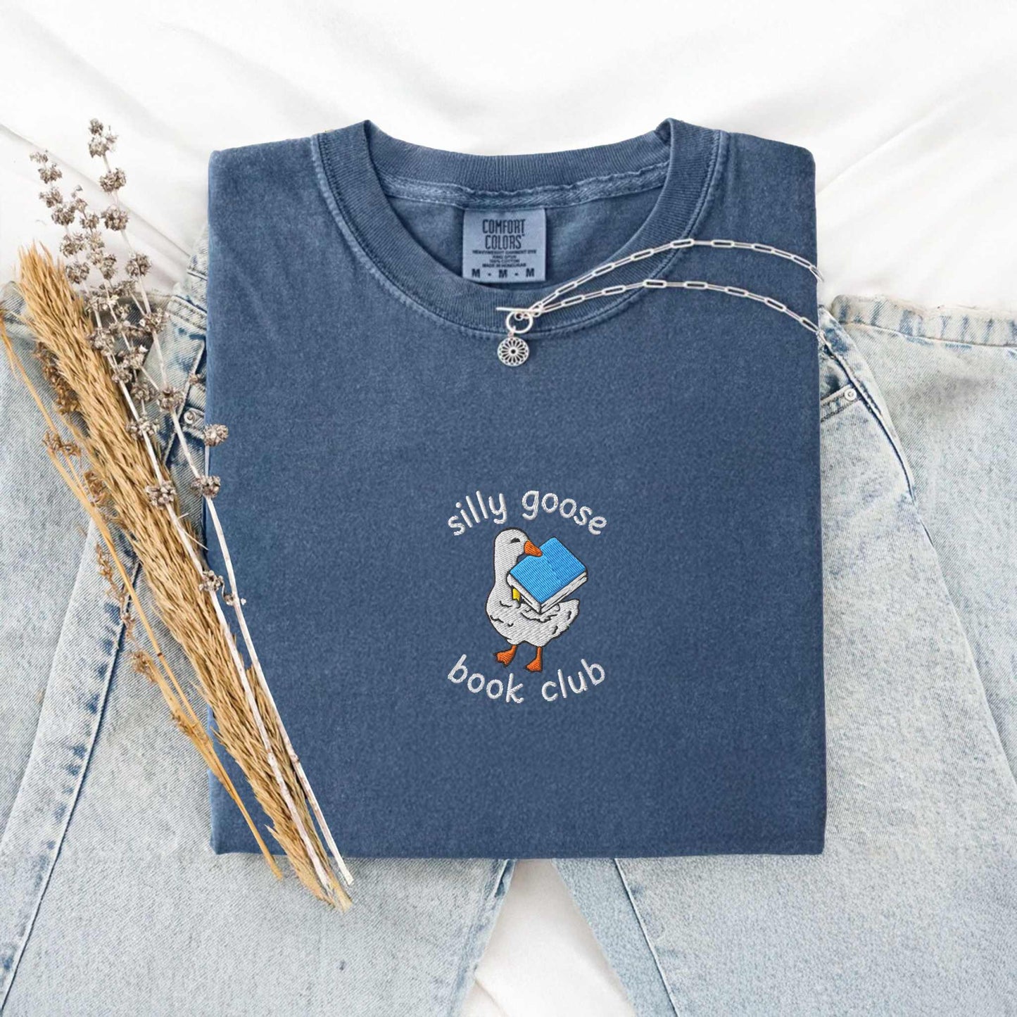 Silly Goose Book Club Embroidered Comfort Colors Tshirt