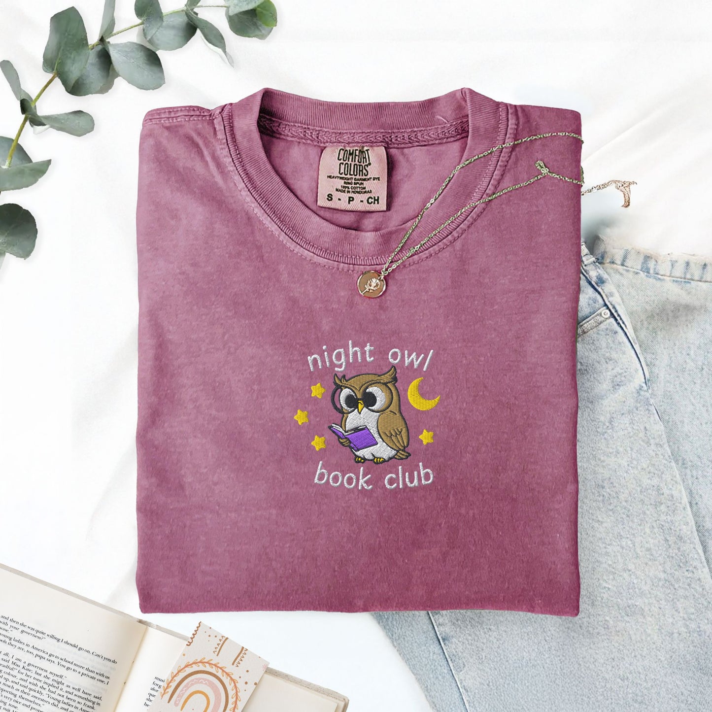 Night Owl Book Club Embroidered Comfort Colors TShirt