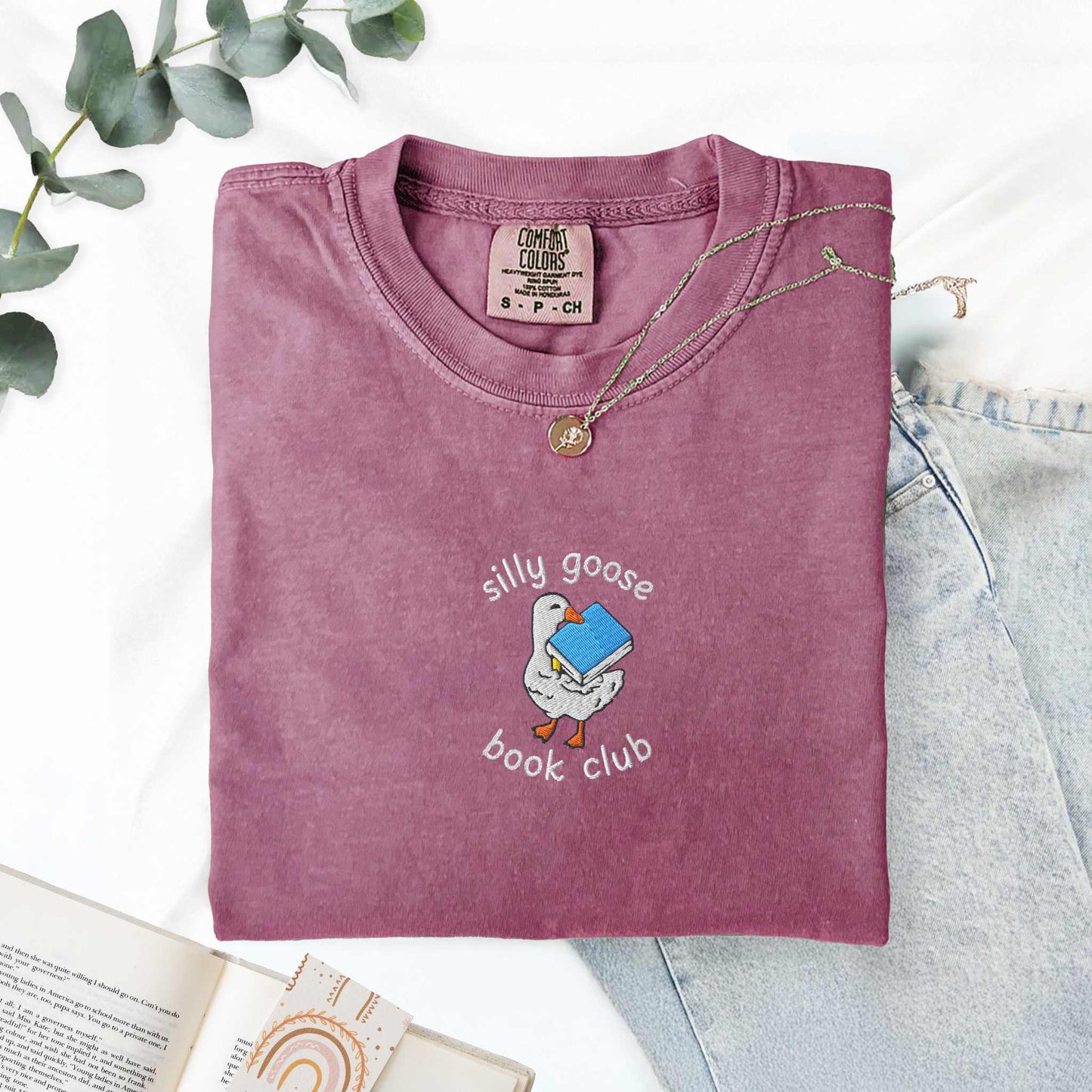 Silly Goose Book Club Embroidered Comfort Colors Tshirt