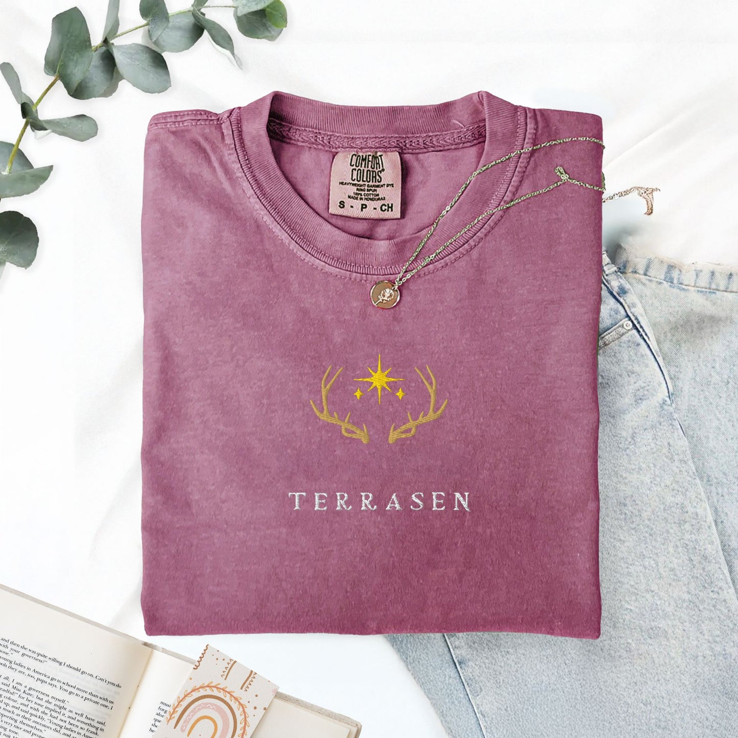 Terrasen Elyria Embroidered Comfort Colors Shirt, SJM Throne of Glass Merch