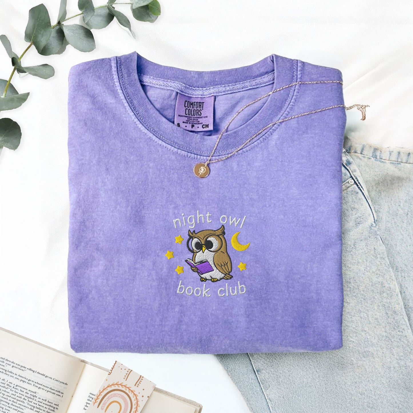 Night Owl Book Club Embroidered Comfort Colors TShirt