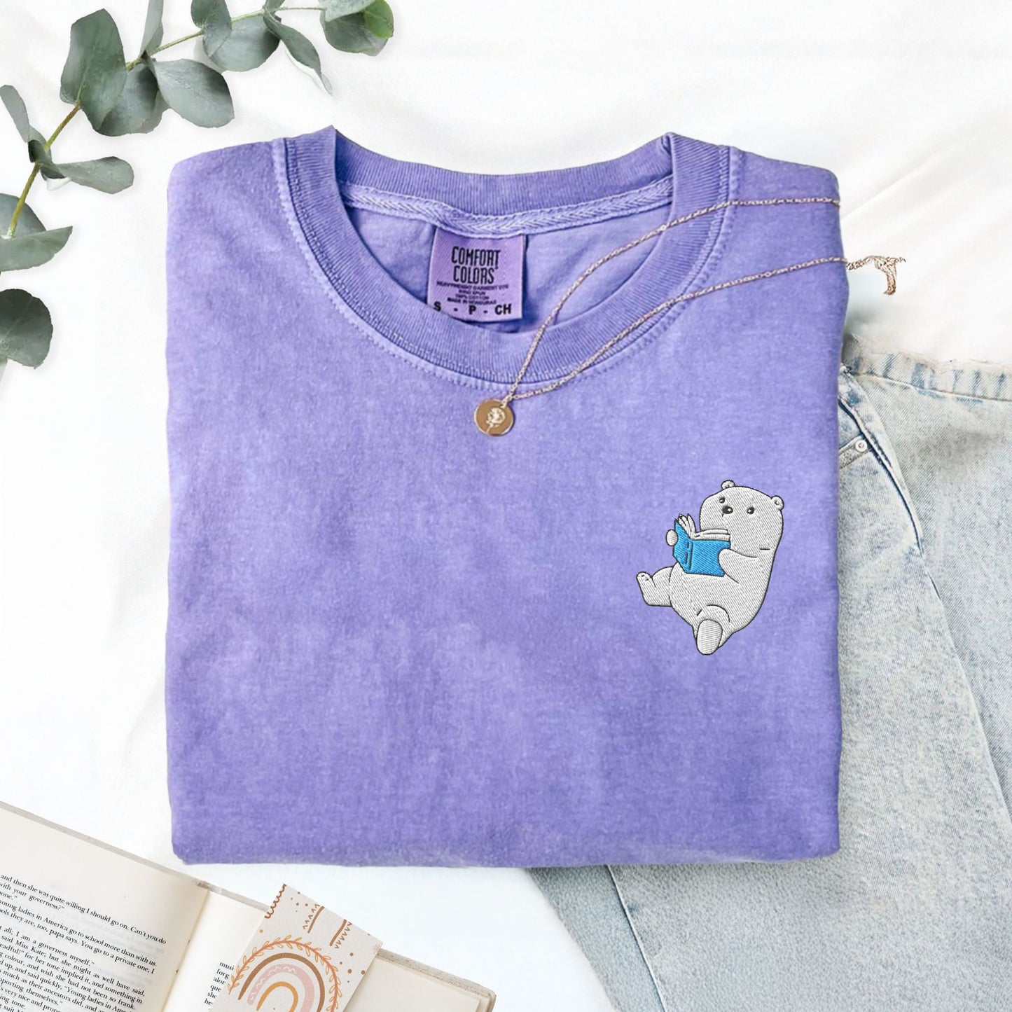 Embroidered Polar Bear Reading a Book Comfort Colors Shirt