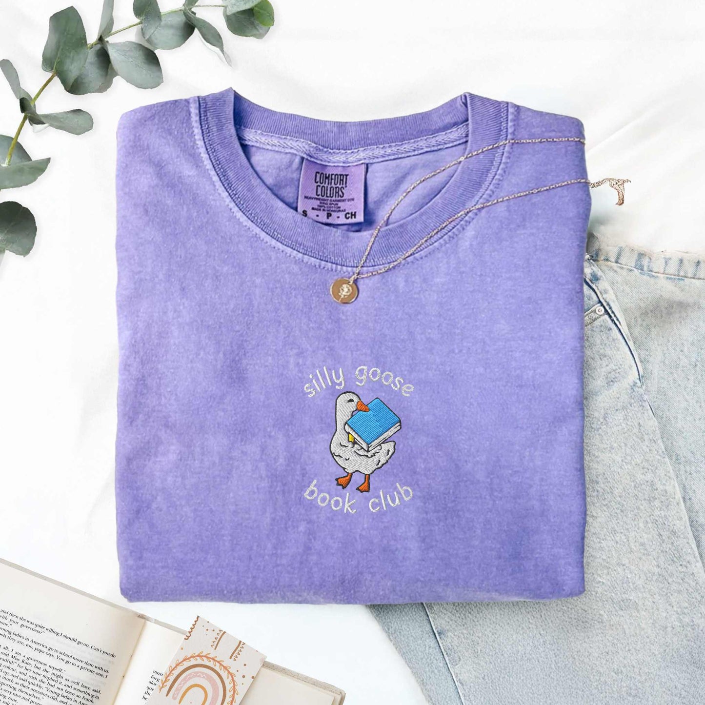 Silly Goose Book Club Embroidered Comfort Colors Tshirt