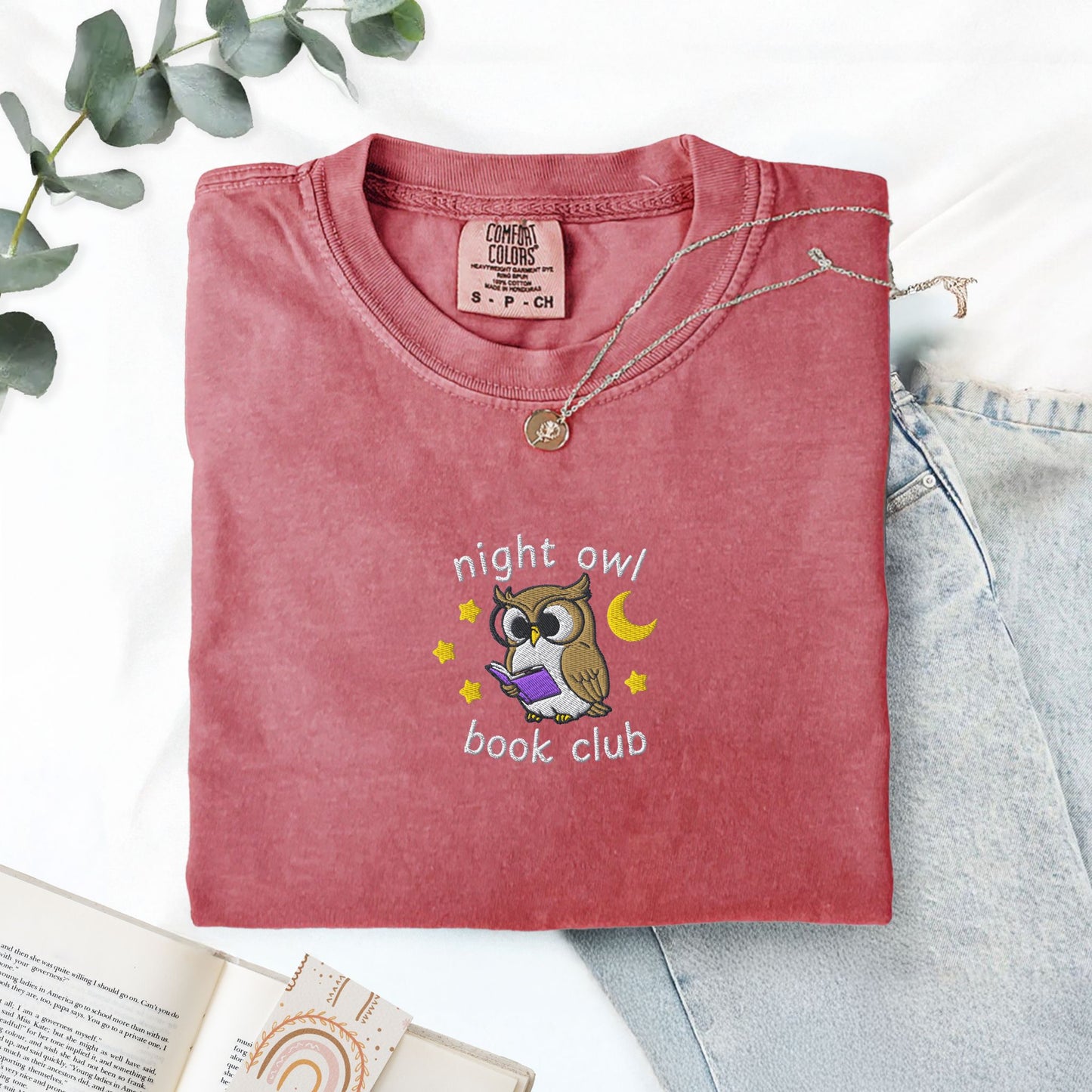 Night Owl Book Club Embroidered Comfort Colors TShirt