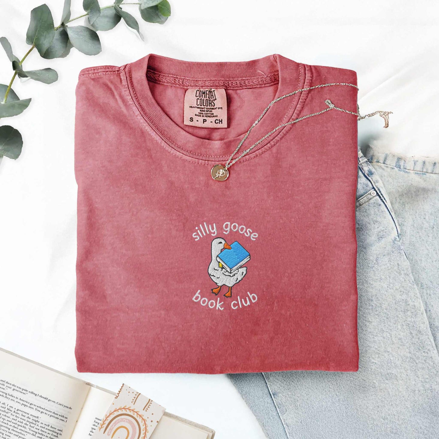 Silly Goose Book Club Embroidered Comfort Colors Tshirt