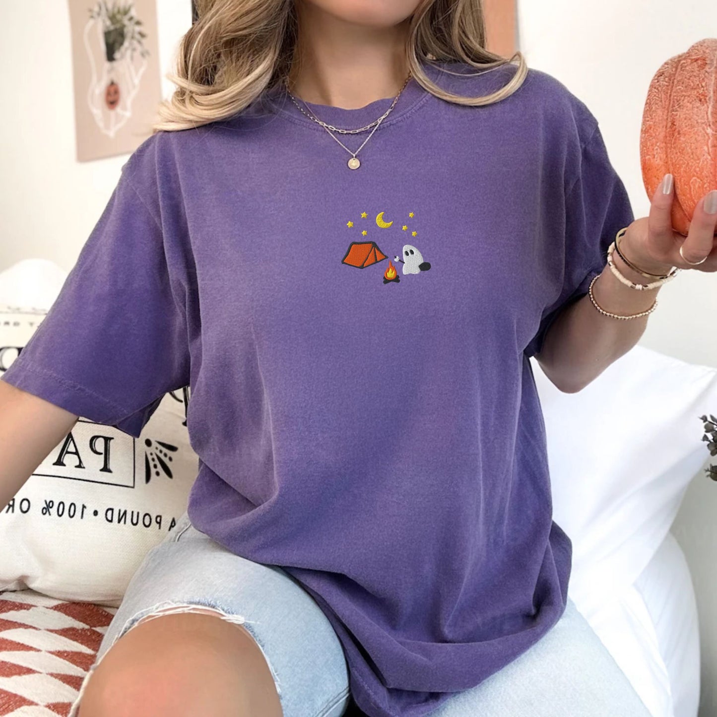 Cute Camping Ghost Embroidered T-Shirt