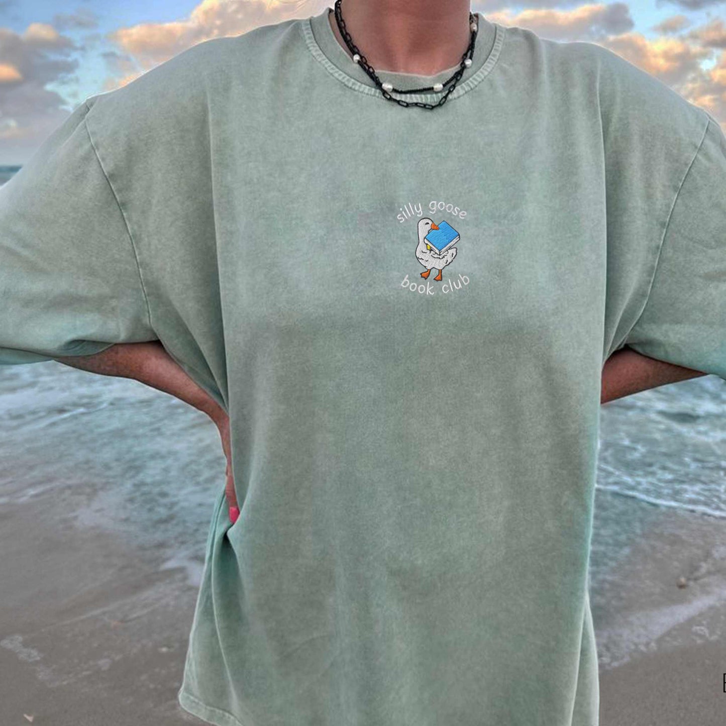 Silly Goose Book Club Embroidered Comfort Colors Tshirt