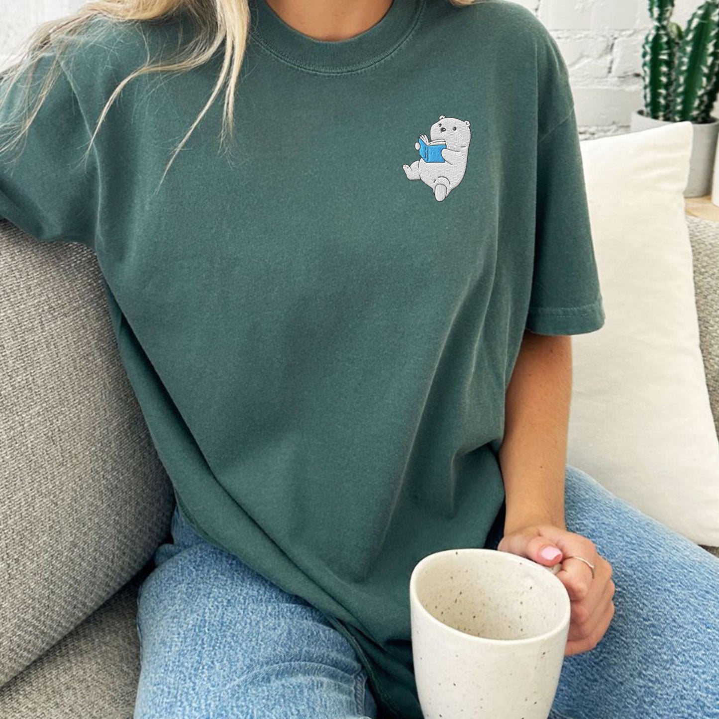 Embroidered Polar Bear Reading a Book Comfort Colors Shirt