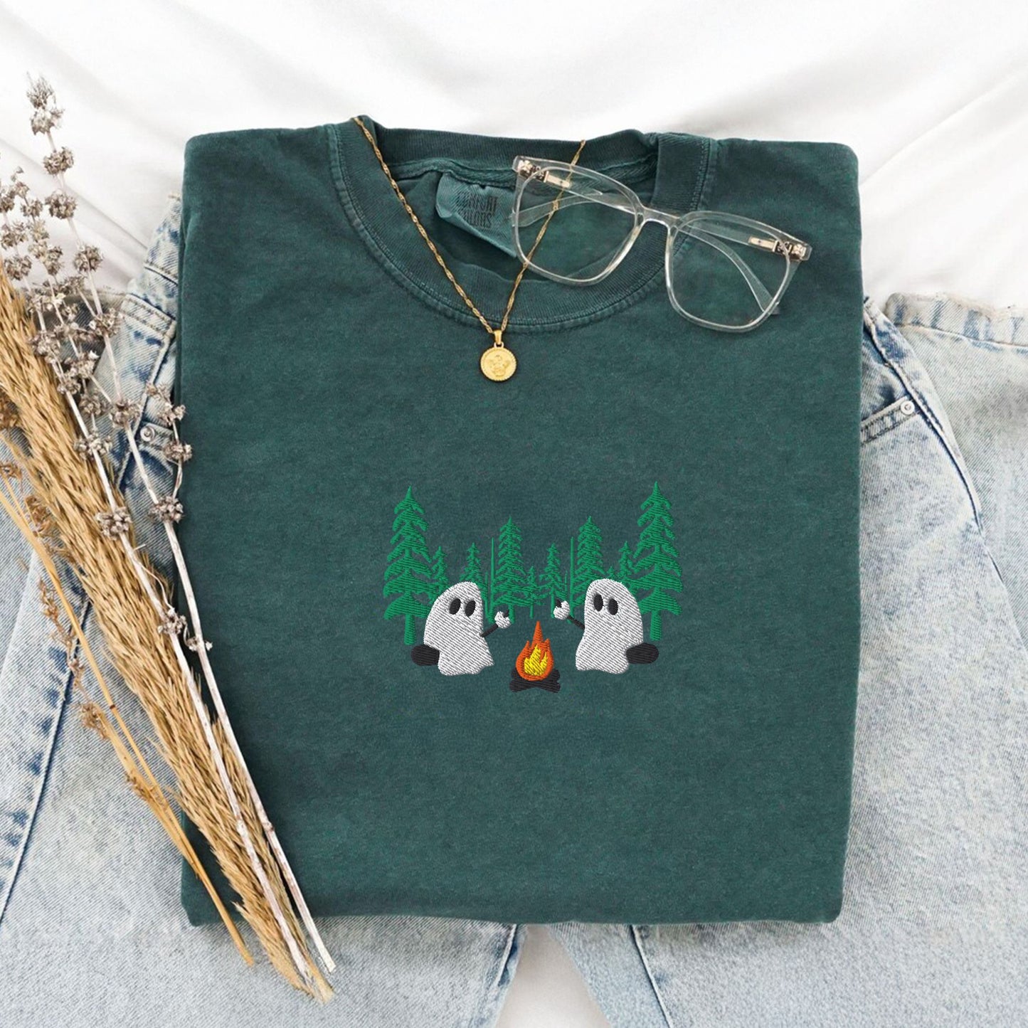 Ghost Camping in the Forest Embroidered T-Shirt