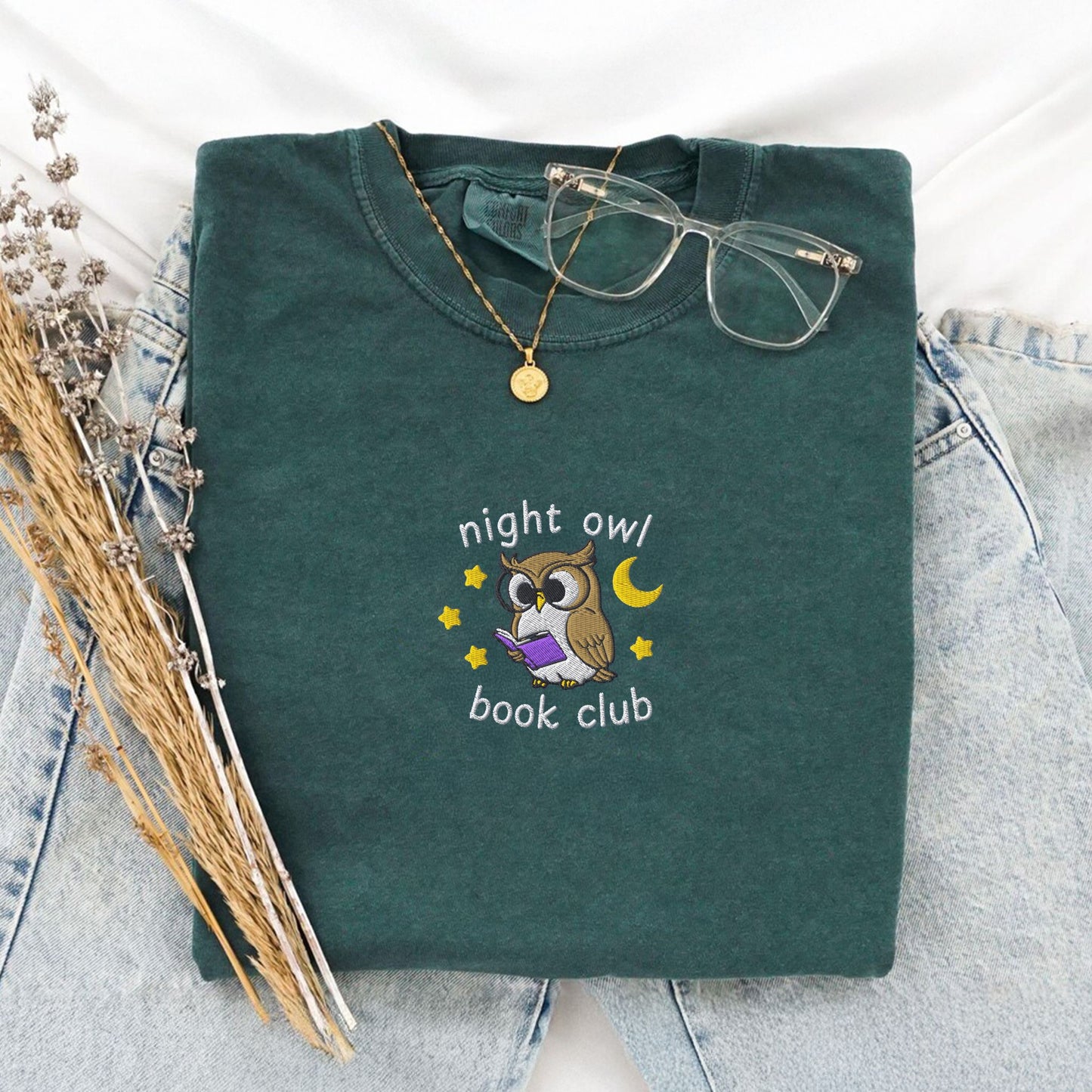 Night Owl Book Club Embroidered Comfort Colors TShirt