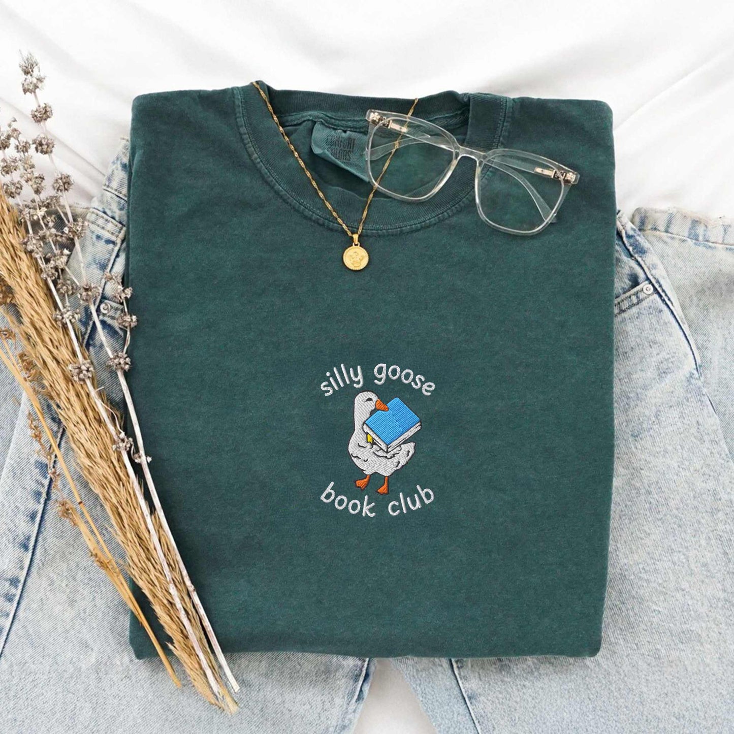 Silly Goose Book Club Embroidered Comfort Colors Tshirt