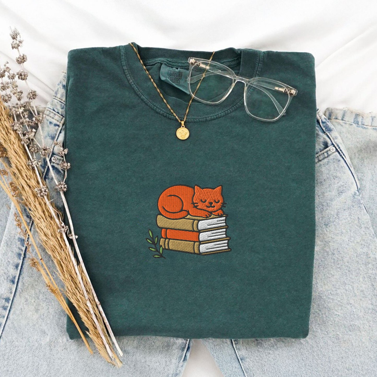Cat Book Stack Embroidered T-Shirt