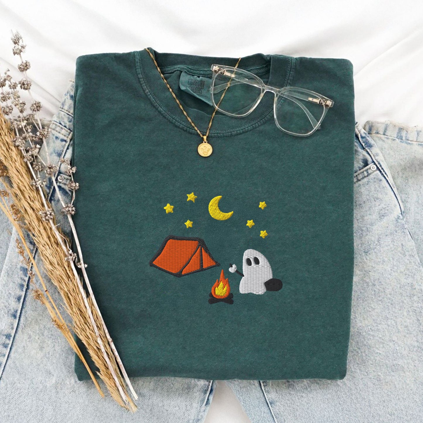 Cute Camping Ghost Embroidered T-Shirt