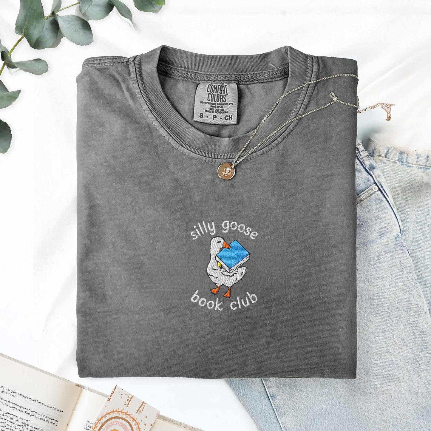 Silly Goose Book Club Embroidered Comfort Colors Tshirt