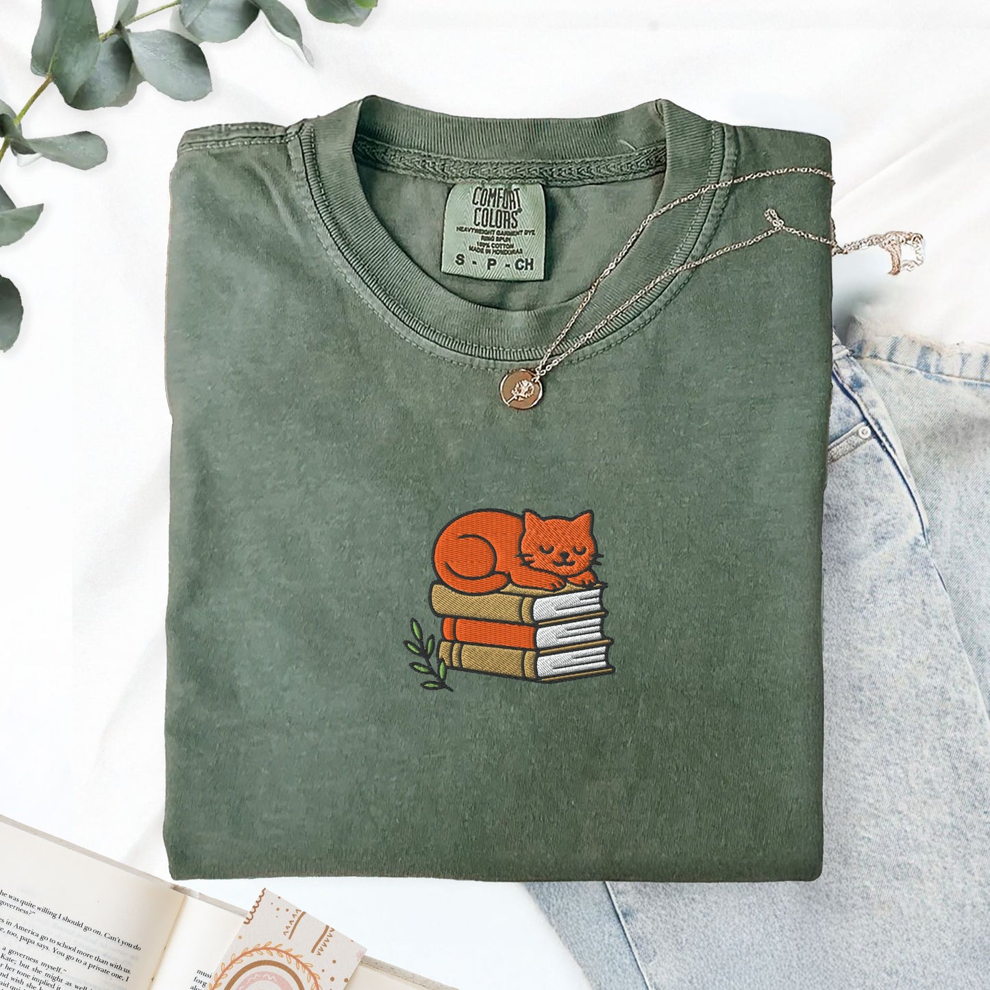 Cat Book Stack Embroidered T-Shirt