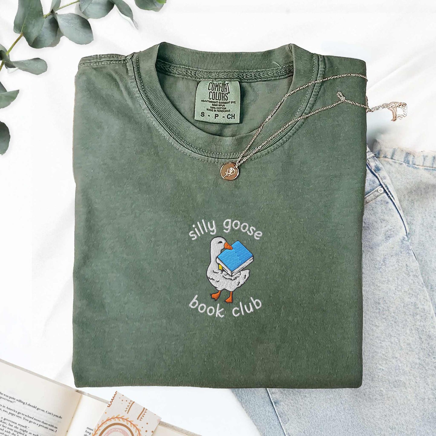 Silly Goose Book Club Embroidered Comfort Colors Tshirt