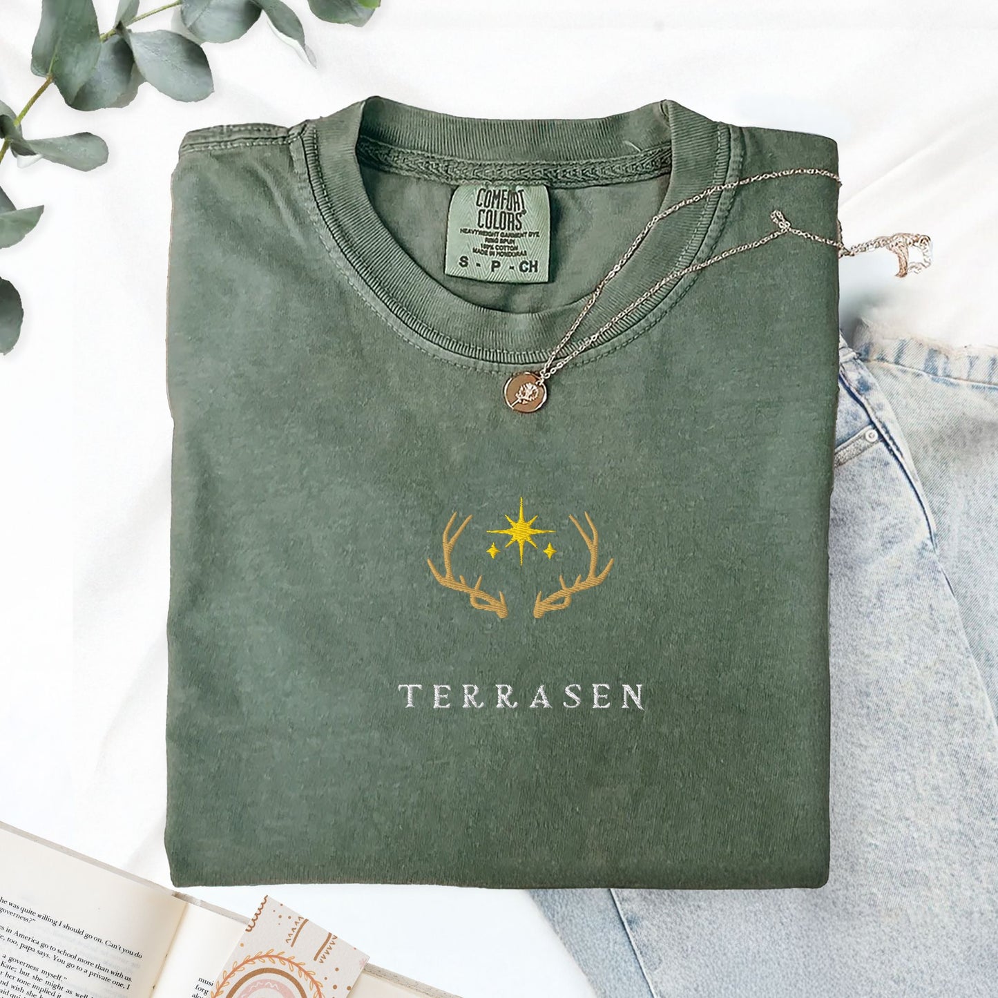 Terrasen Elyria Embroidered Comfort Colors Shirt, SJM Throne of Glass Merch
