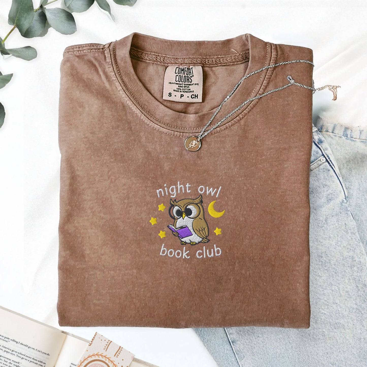 Night Owl Book Club Embroidered Comfort Colors TShirt
