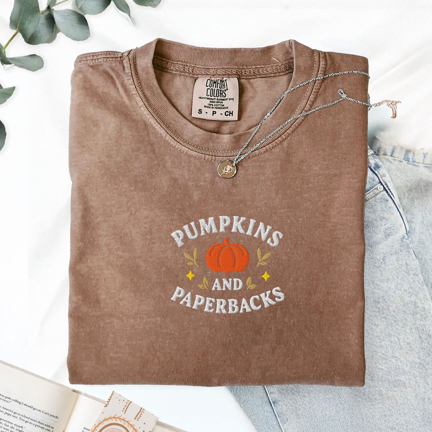 Pumpkins and Paperbacks Embroidered T-Shirt