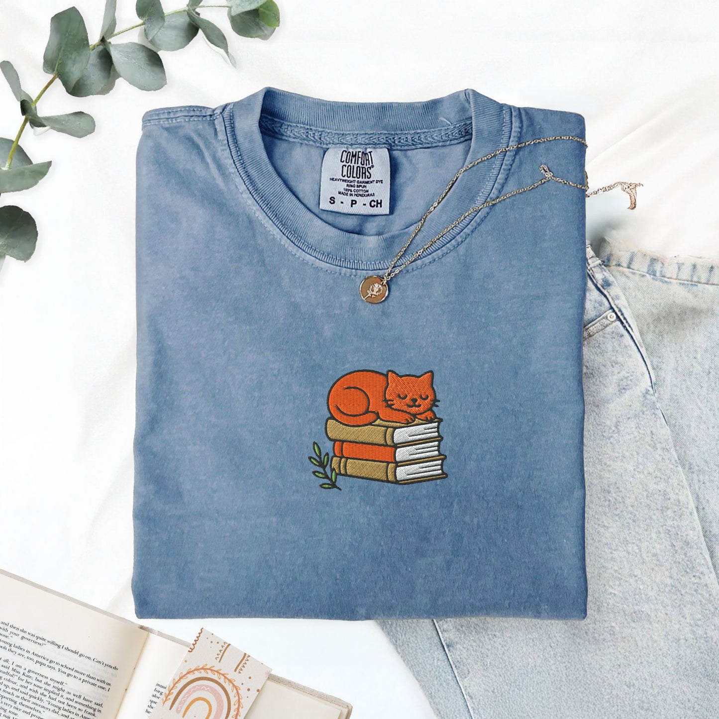 Cat Book Stack Embroidered T-Shirt