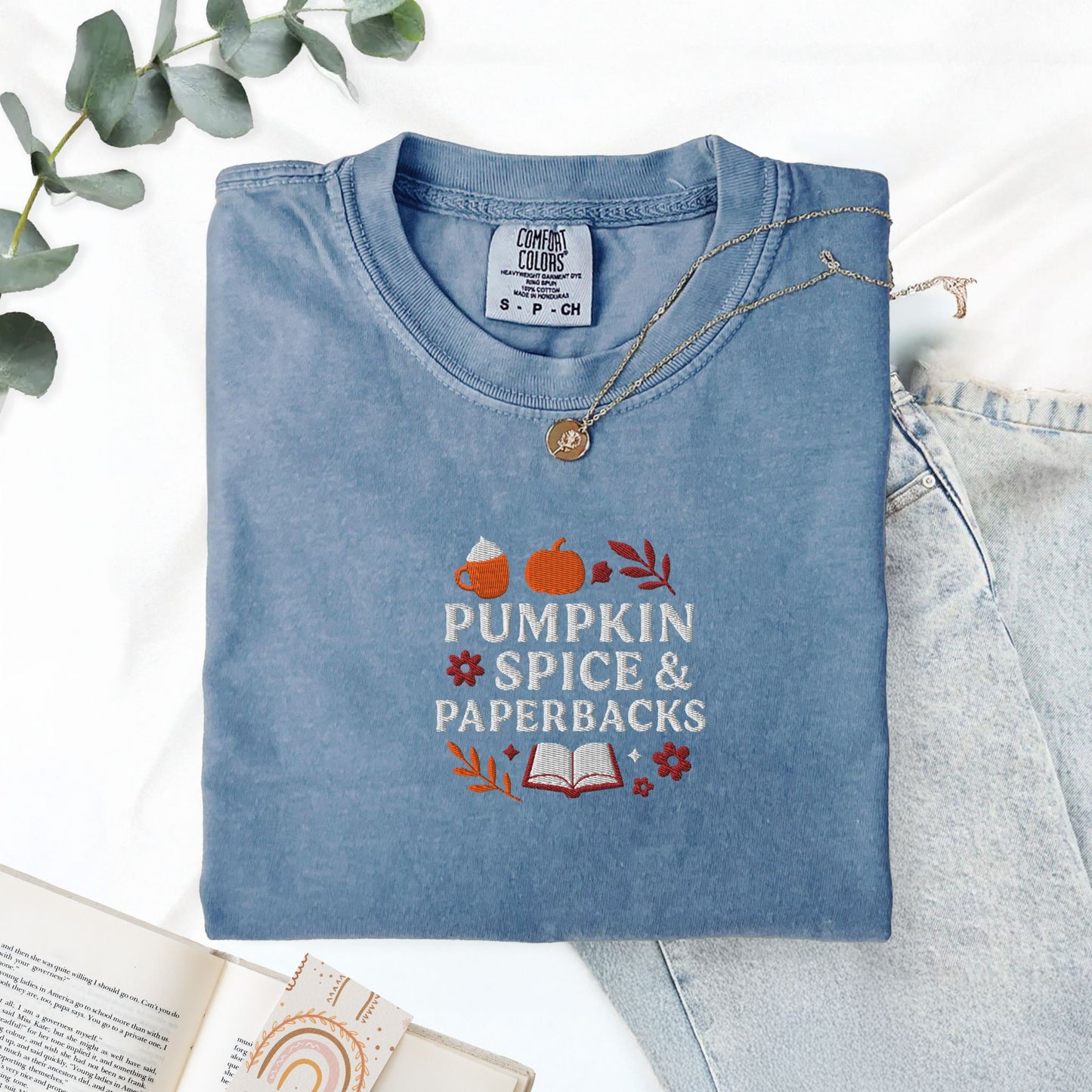 Pumpkin Spice and Paperbacks Embroidered Fall T-Shirt