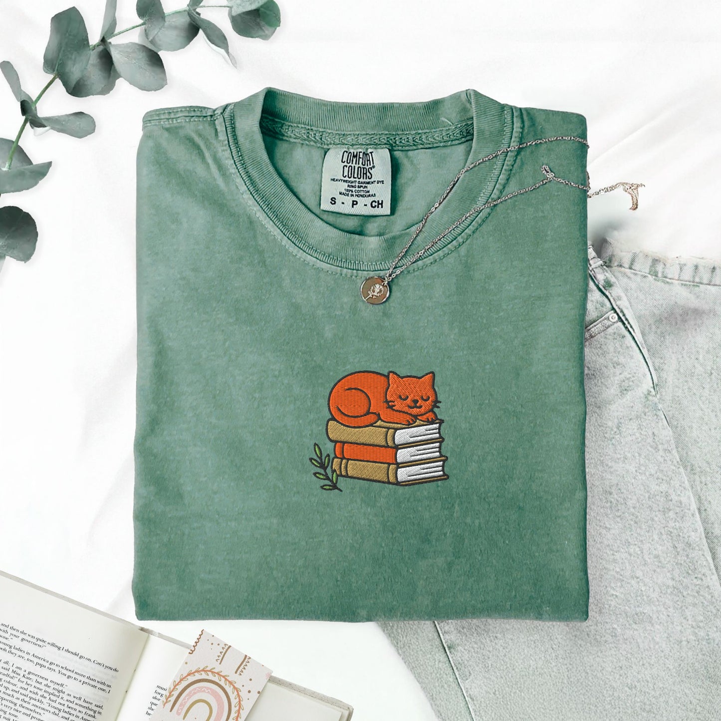 Cat Book Stack Embroidered T-Shirt
