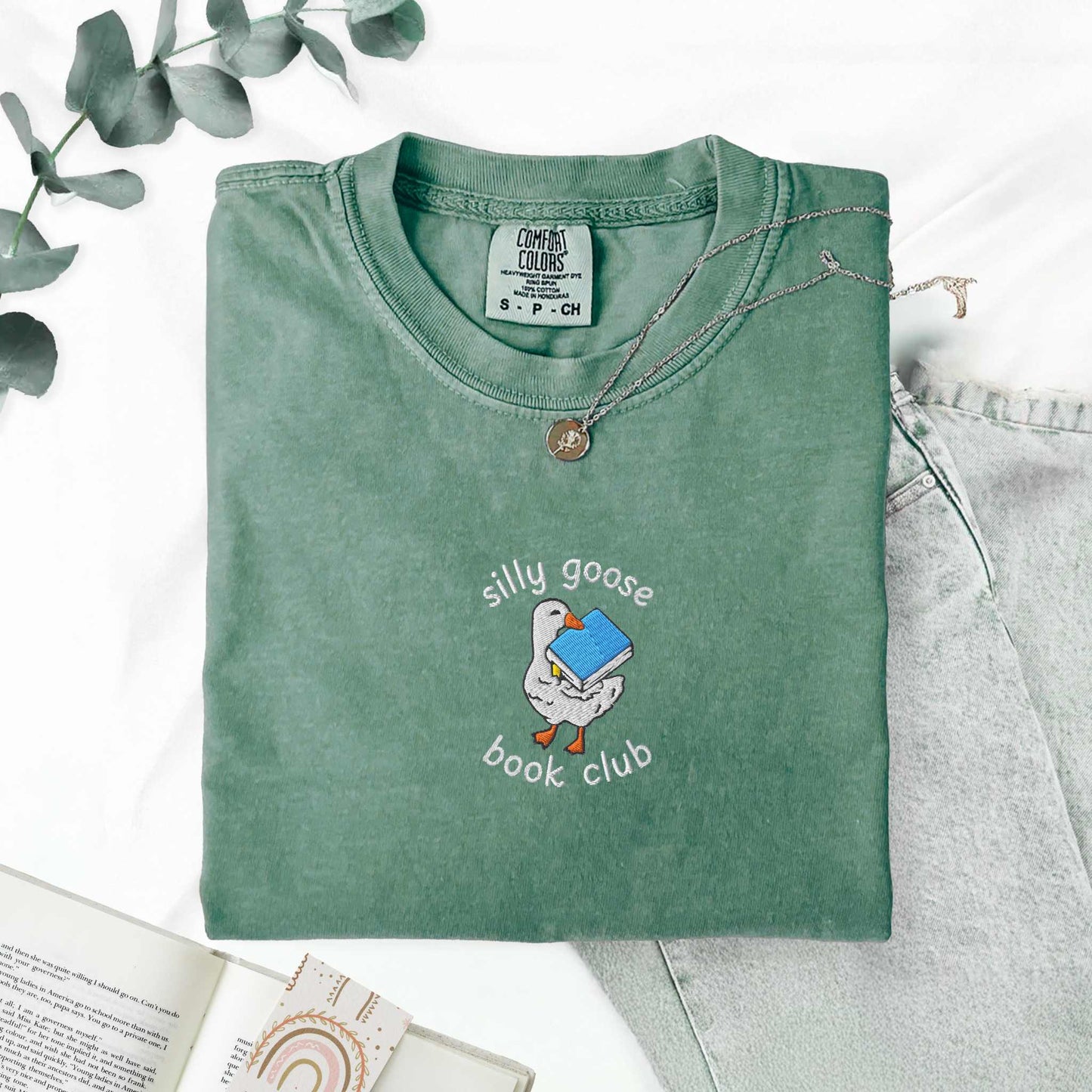 Silly Goose Book Club Embroidered Comfort Colors Tshirt