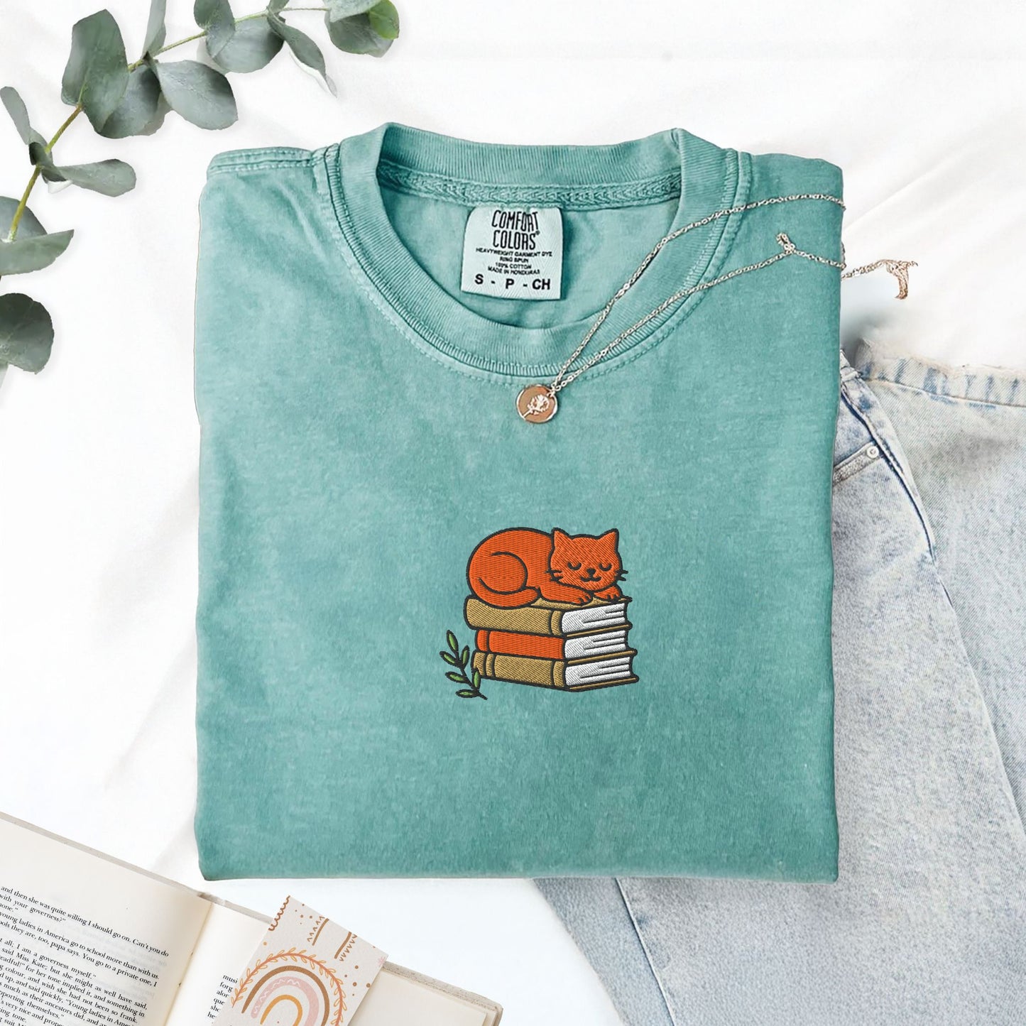 Cat Book Stack Embroidered T-Shirt