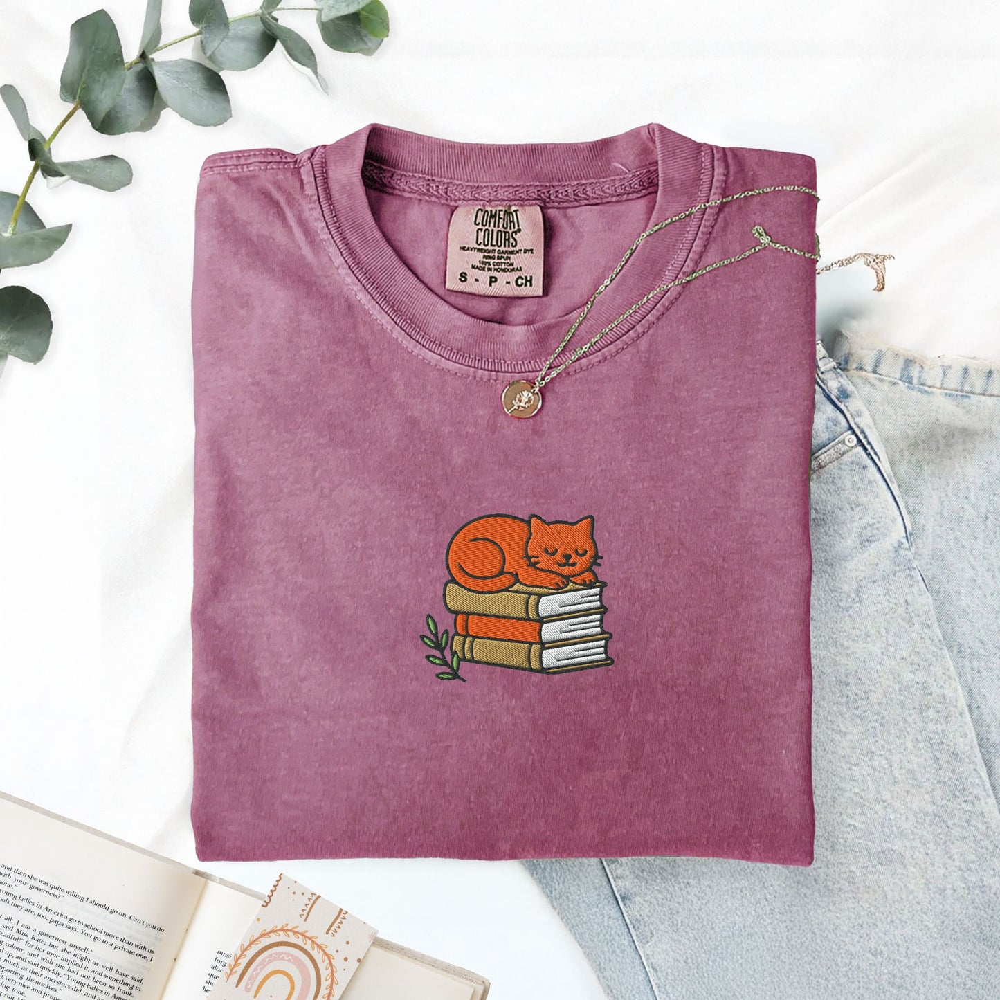 Cat Book Stack Embroidered T-Shirt