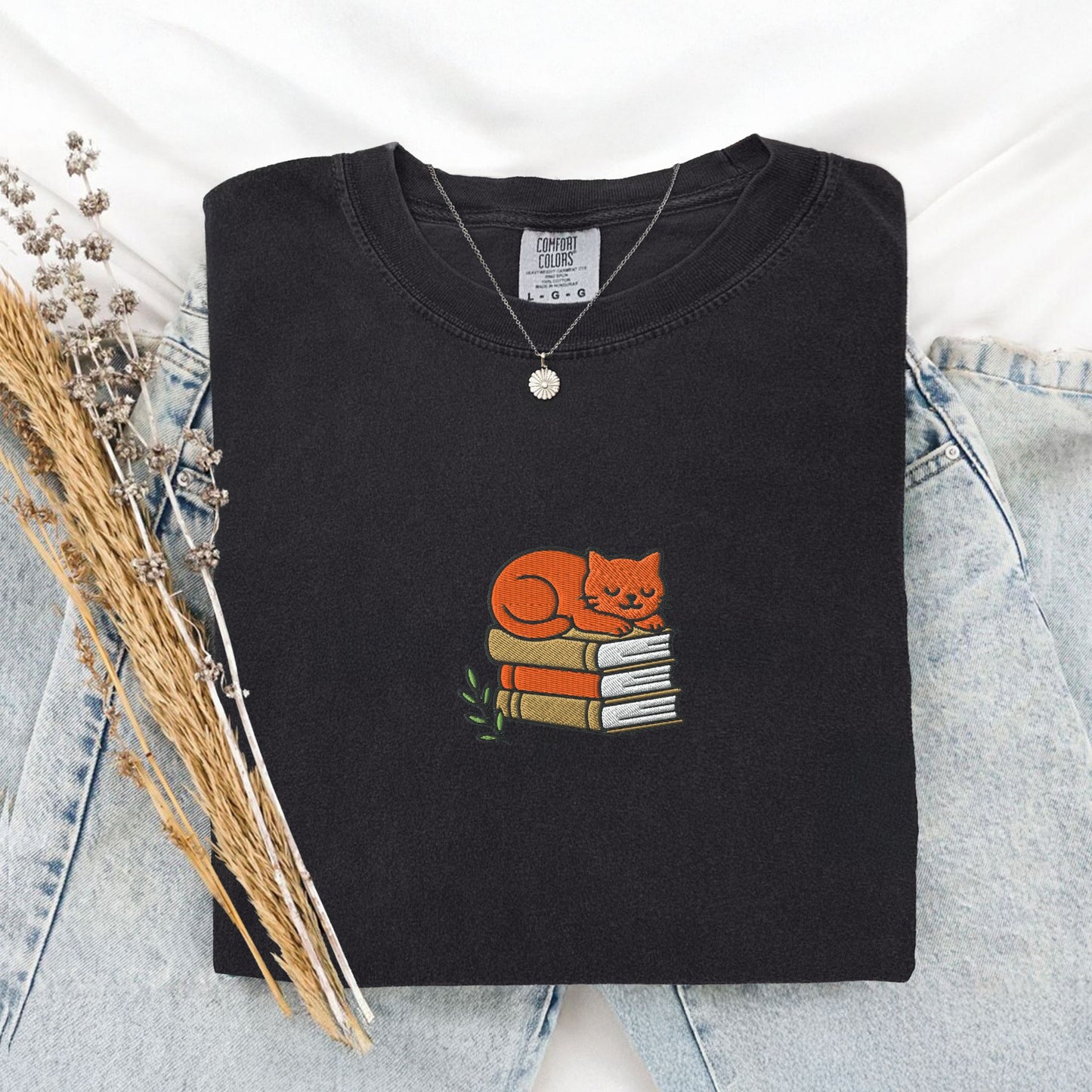 Cat Book Stack Embroidered T-Shirt
