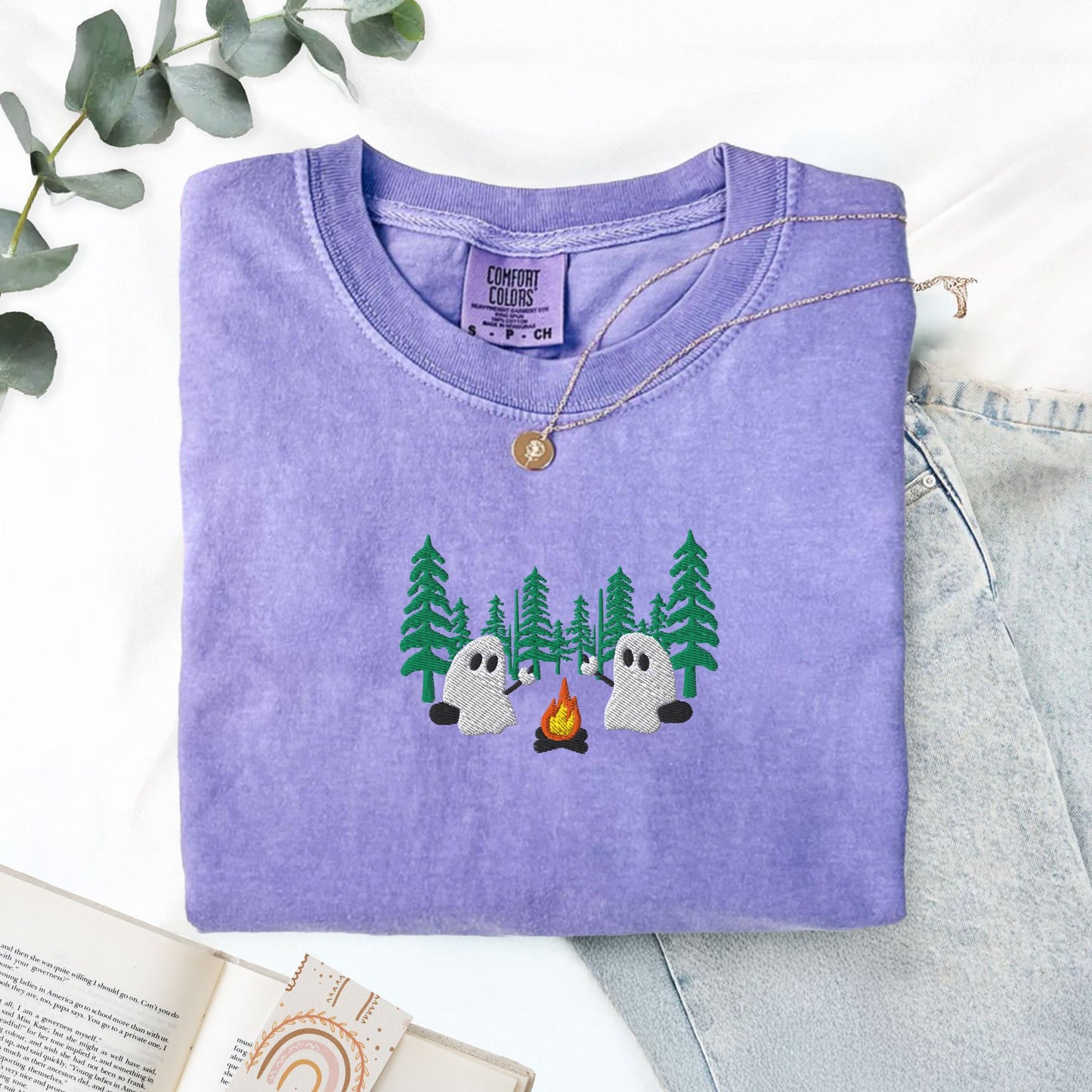 Ghost Camping in the Forest Embroidered T-Shirt