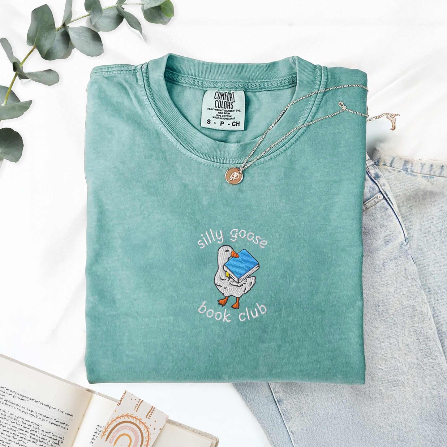 Silly Goose Book Club Embroidered Comfort Colors Tshirt