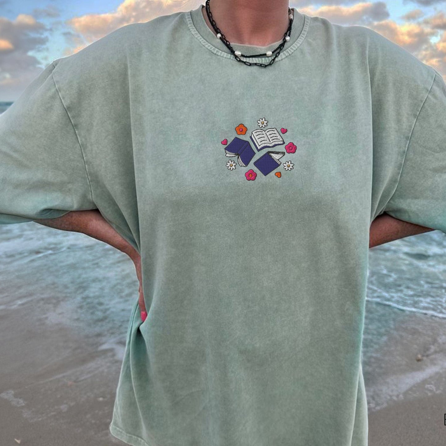 My Store Books and Flowers Embroidered Book Lover T-Shirt Books and Flowers Embroidered Book Lover T-Shirt