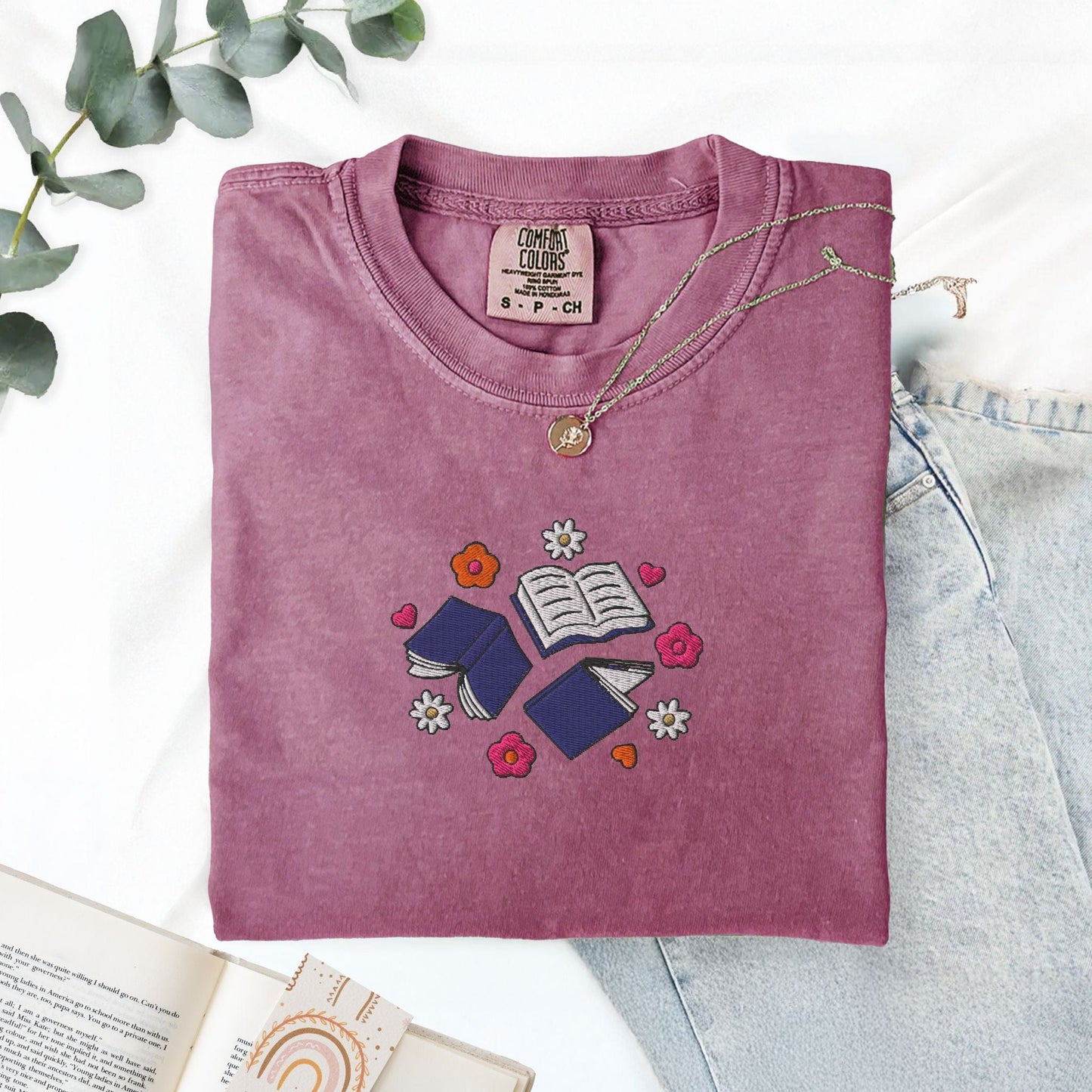 My Store Books and Flowers Embroidered Book Lover T-Shirt Books and Flowers Embroidered Book Lover T-Shirt