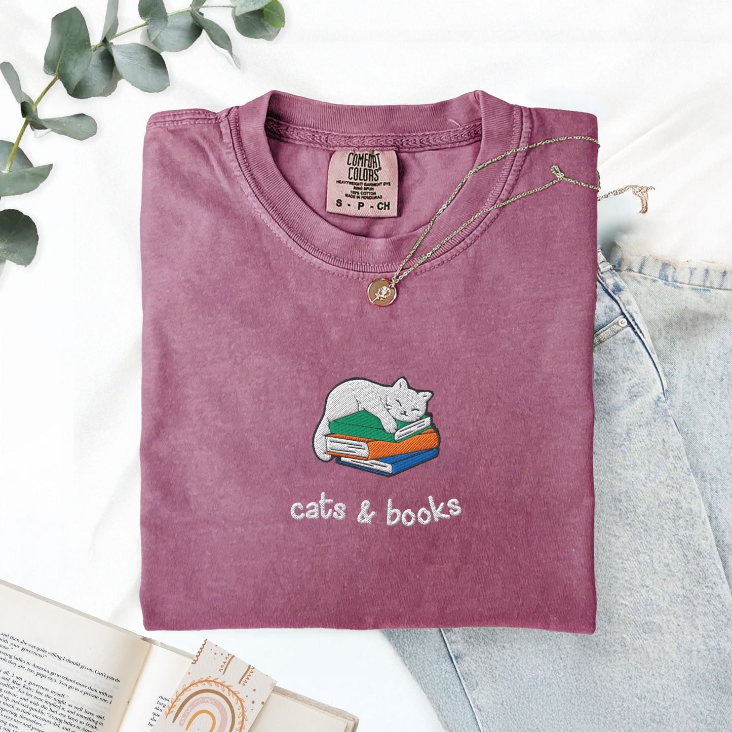 My Store Cats and Books Embroidered Comfort Colors T-Shirt Cats and Books Embroidered Comfort Colors T-Shirt