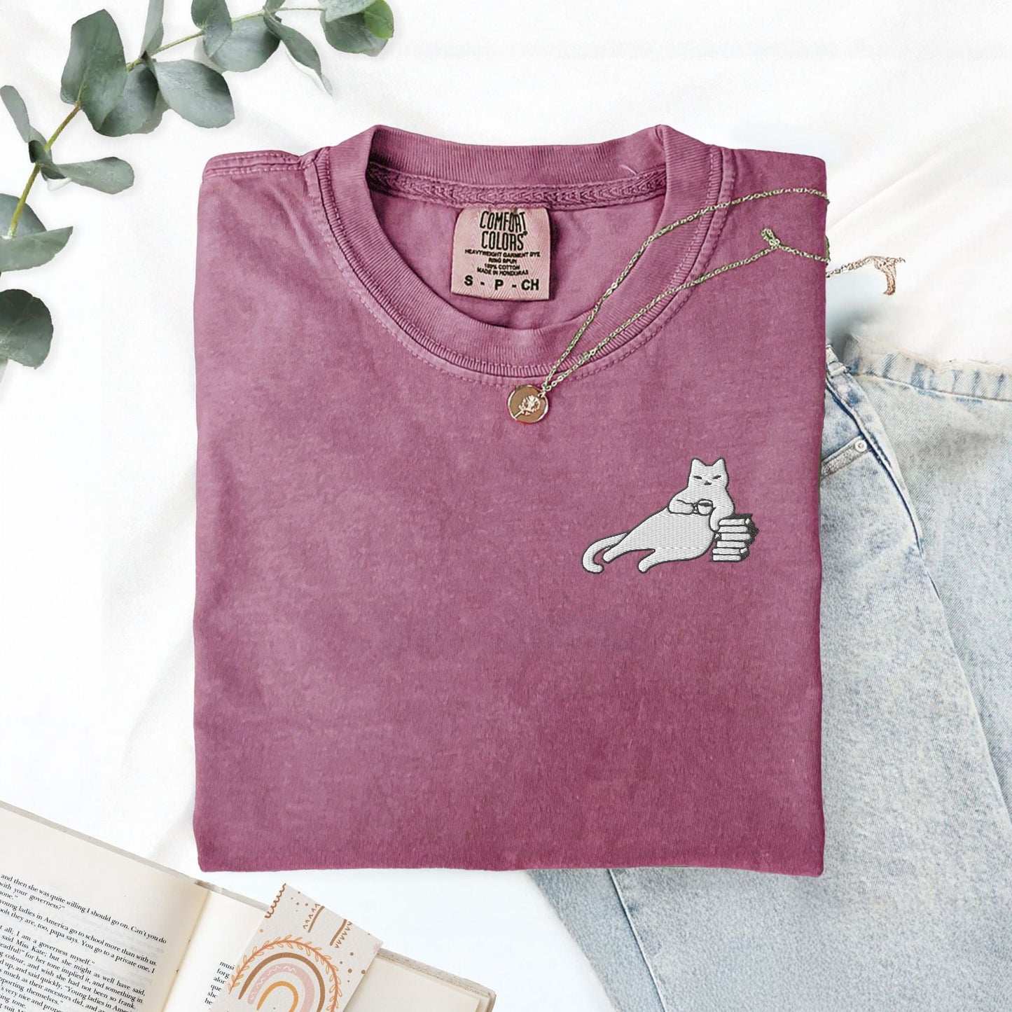 My Store Cats, Coffee, and Books Swaggy Embroidered Cat T-Shirt Cats, Coffee, and Books Swaggy Embroidered Cat T-Shirt