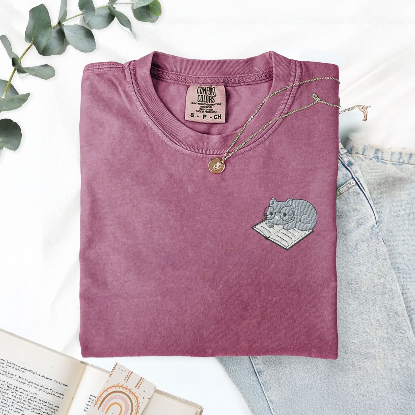 My Store Cute Embroidered Cat on a Book T-Shirt Cute Embroidered Cat on a Book T-Shirt