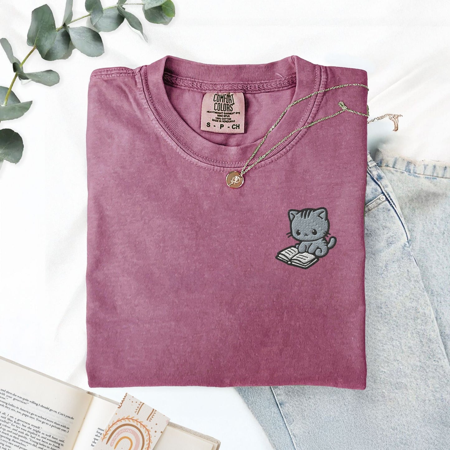 My Store Cute Embroidered Cat Reading a Book Comfort Colors T-Shirt Cute Embroidered Cat Reading a Book Comfort Colors T-Shirt
