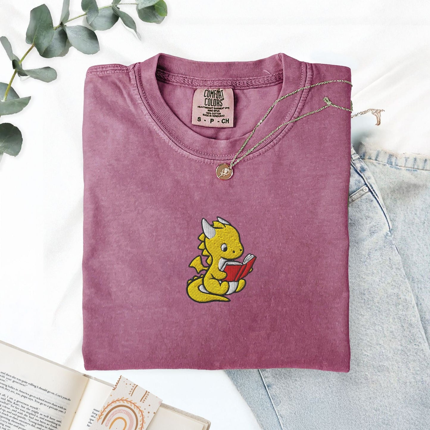 My Store Dragon Reading Embroidered T-Shirt Dragon Reading Embroidered T-Shirt