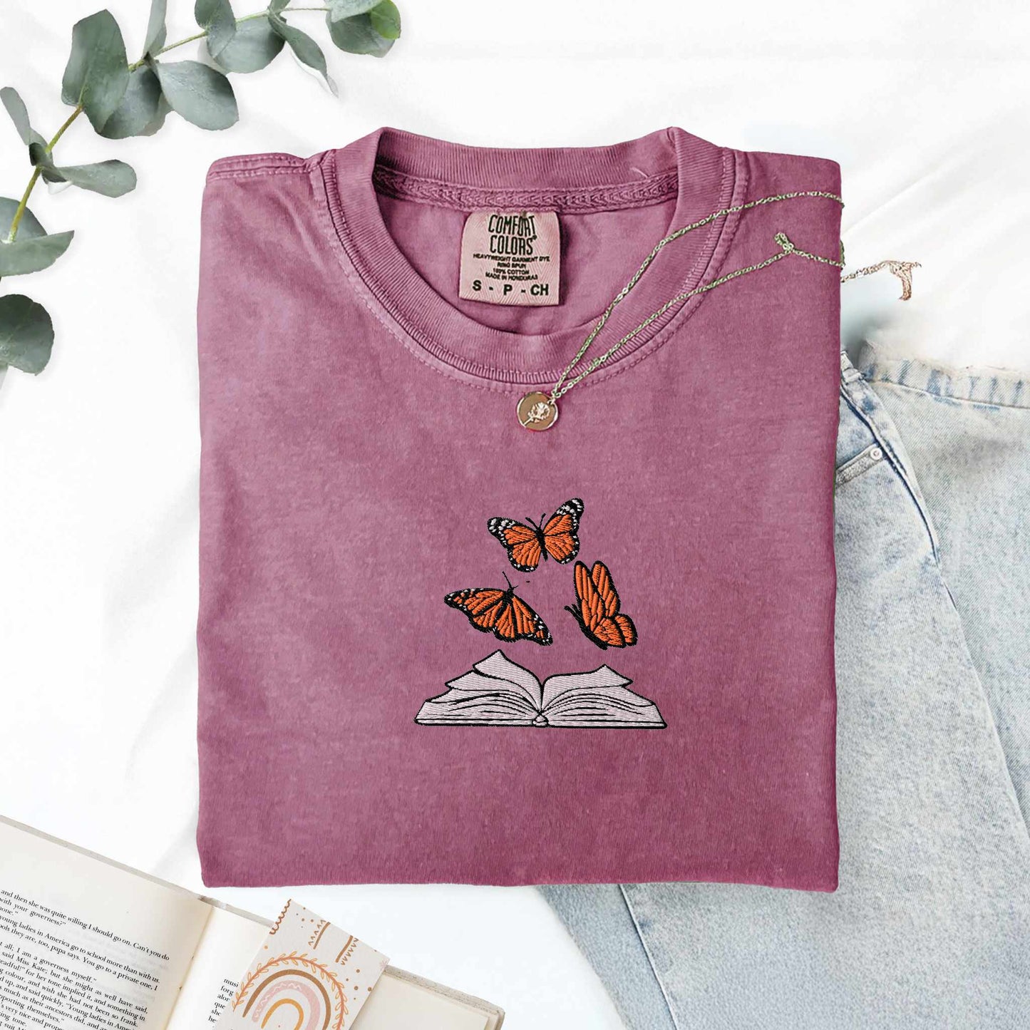 My Store Embroidered Butterflies and Books Comfort Colors TShirt Embroidered Butterflies and Books Comfort Colors TShirt