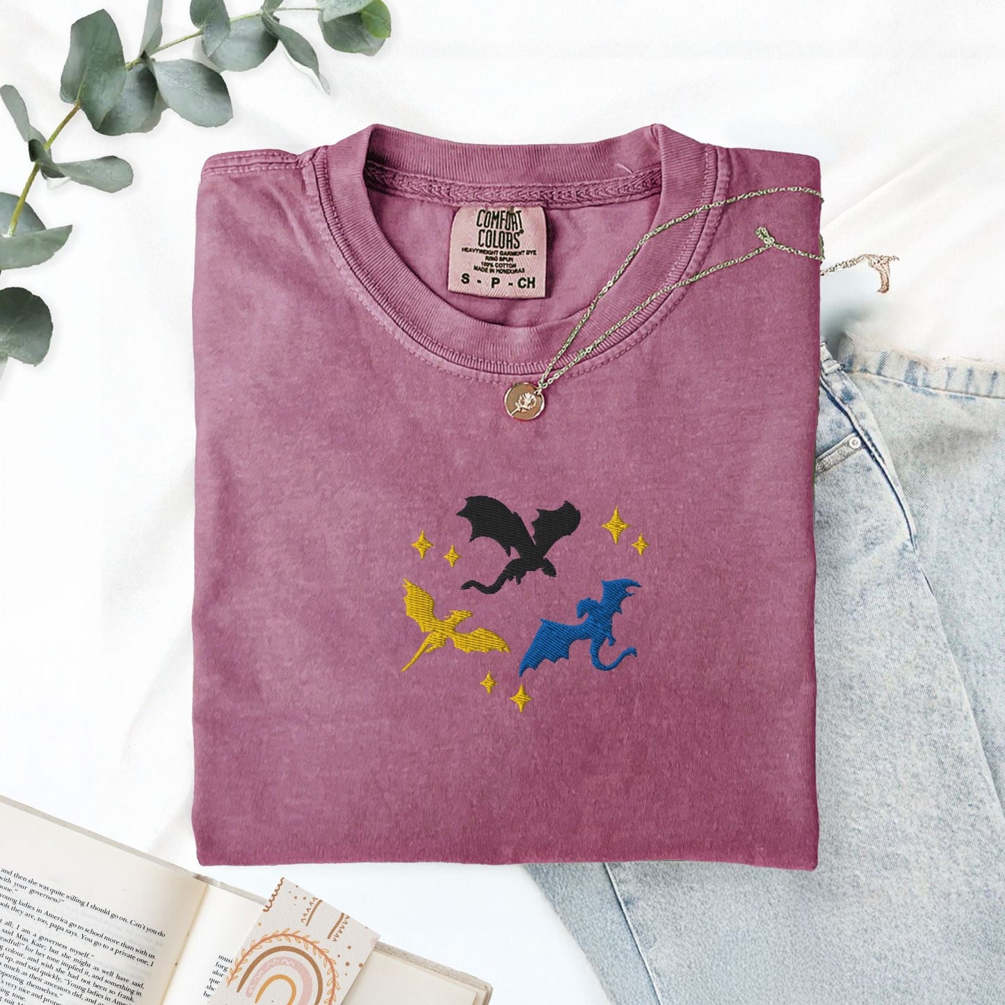 My Store Embroidered Dragons Flying Bookish Fantasy T-Shirt Embroidered Dragons Flying Bookish Fantasy T-Shirt