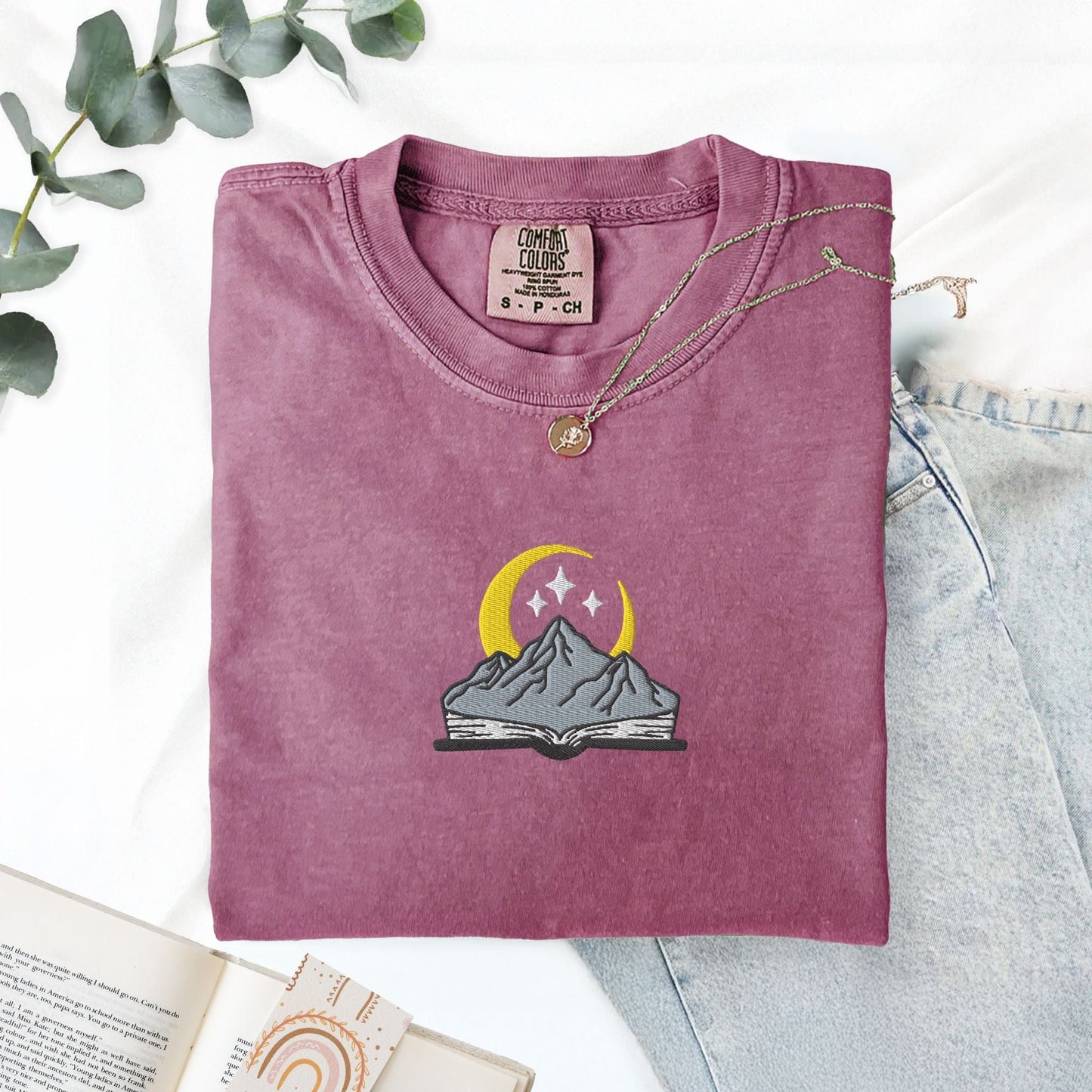 My Store Embroidered open book with mountain and stars, comfort colors embroidered fantasy book tee, ACOTAR merch Fourth Wing Romantasy bookish gift Embroidered open book with mountain and stars, comfort colors embroidered fantasy book tee, ACOTAR merch Fourth Wing Romantasy bookish gift
