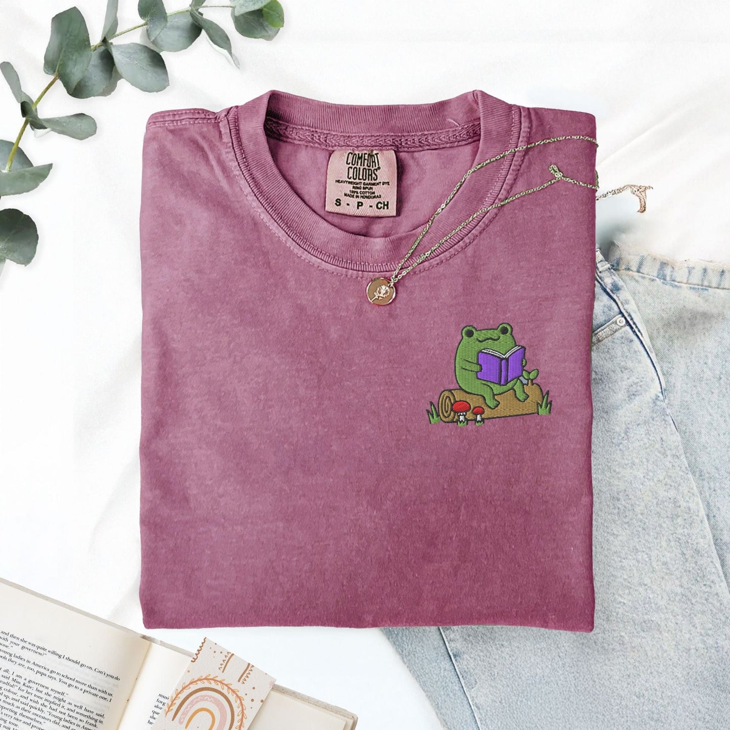 My Store Frog Reading On A Log Cute Embroidered Frog T-Shirt Frog Reading On A Log Cute Embroidered Frog T-Shirt