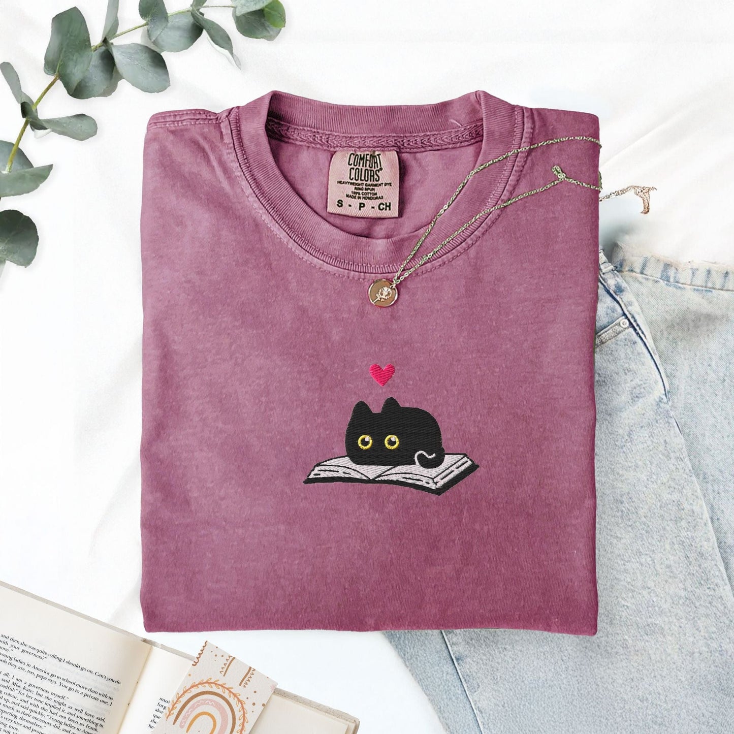 My Store Black Cat and Books Embroidered T-Shirt Black Cat and Books Embroidered T-Shirt
