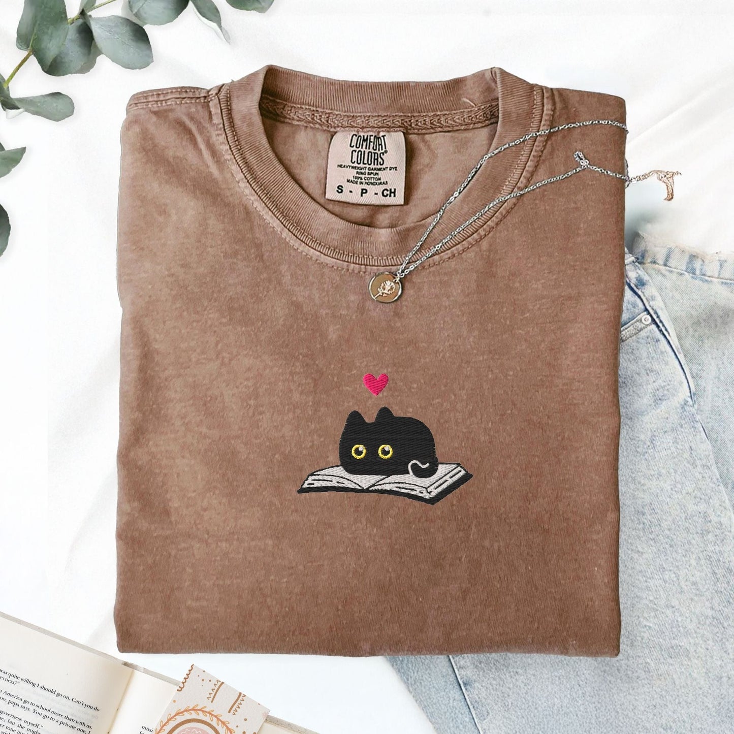 My Store Black Cat and Books Embroidered T-Shirt Black Cat and Books Embroidered T-Shirt