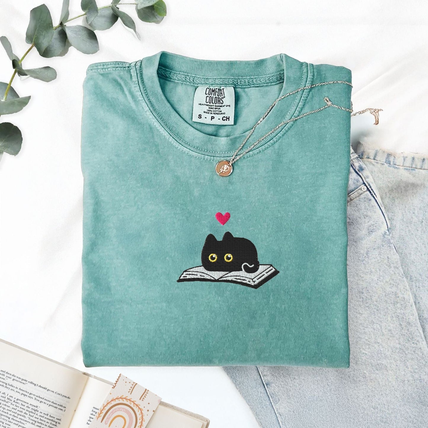 My Store Black Cat and Books Embroidered T-Shirt Black Cat and Books Embroidered T-Shirt