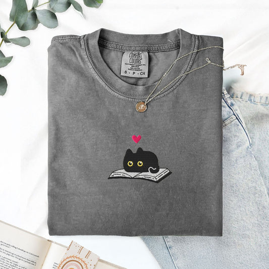 My Store Black Cat and Books Embroidered T-Shirt Black Cat and Books Embroidered T-Shirt