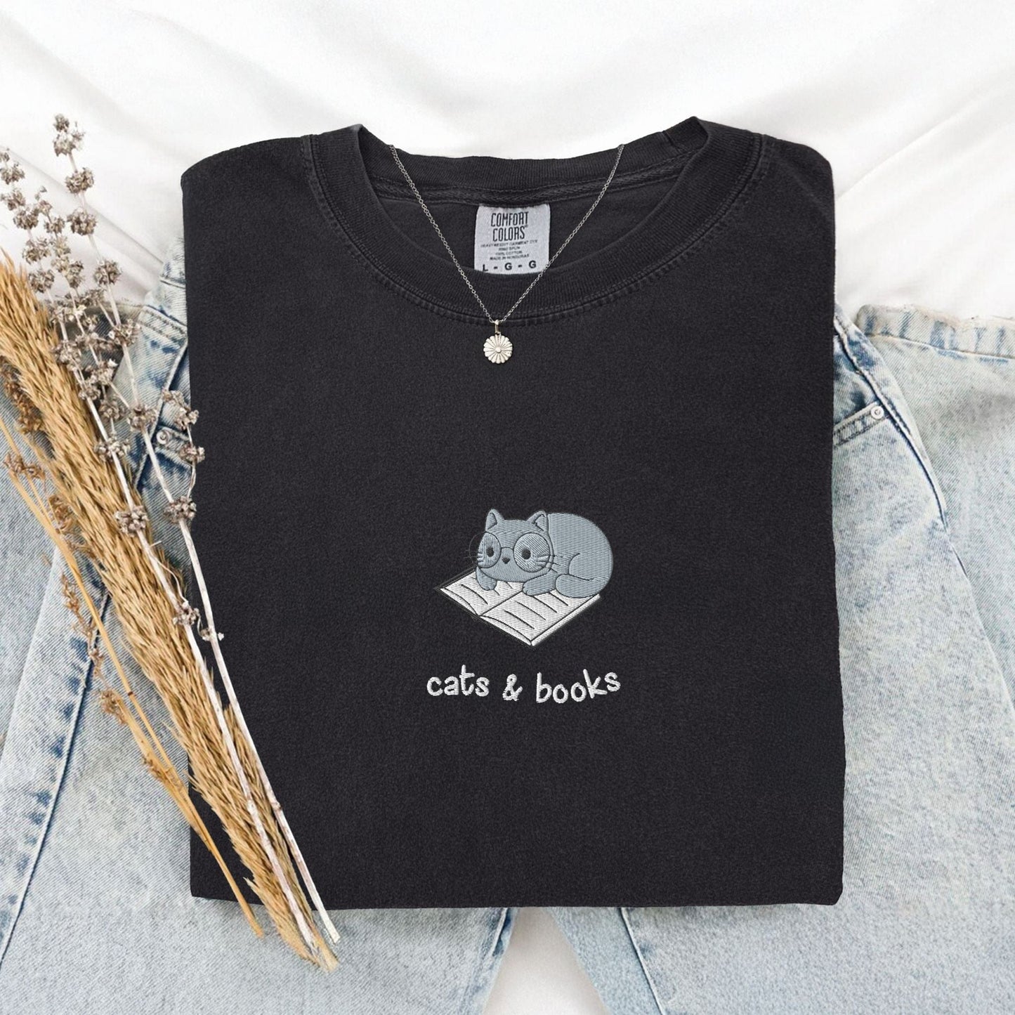 My Store Cats and Books Embroidered Comfort Colors T-Shirt Cats and Books Embroidered Comfort Colors T-Shirt